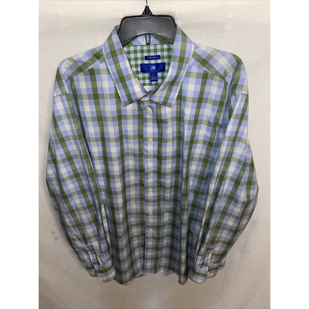 Egara Men’s Dress Shirt Size 2XL Blue Green Plaid Business Formal City Wedding